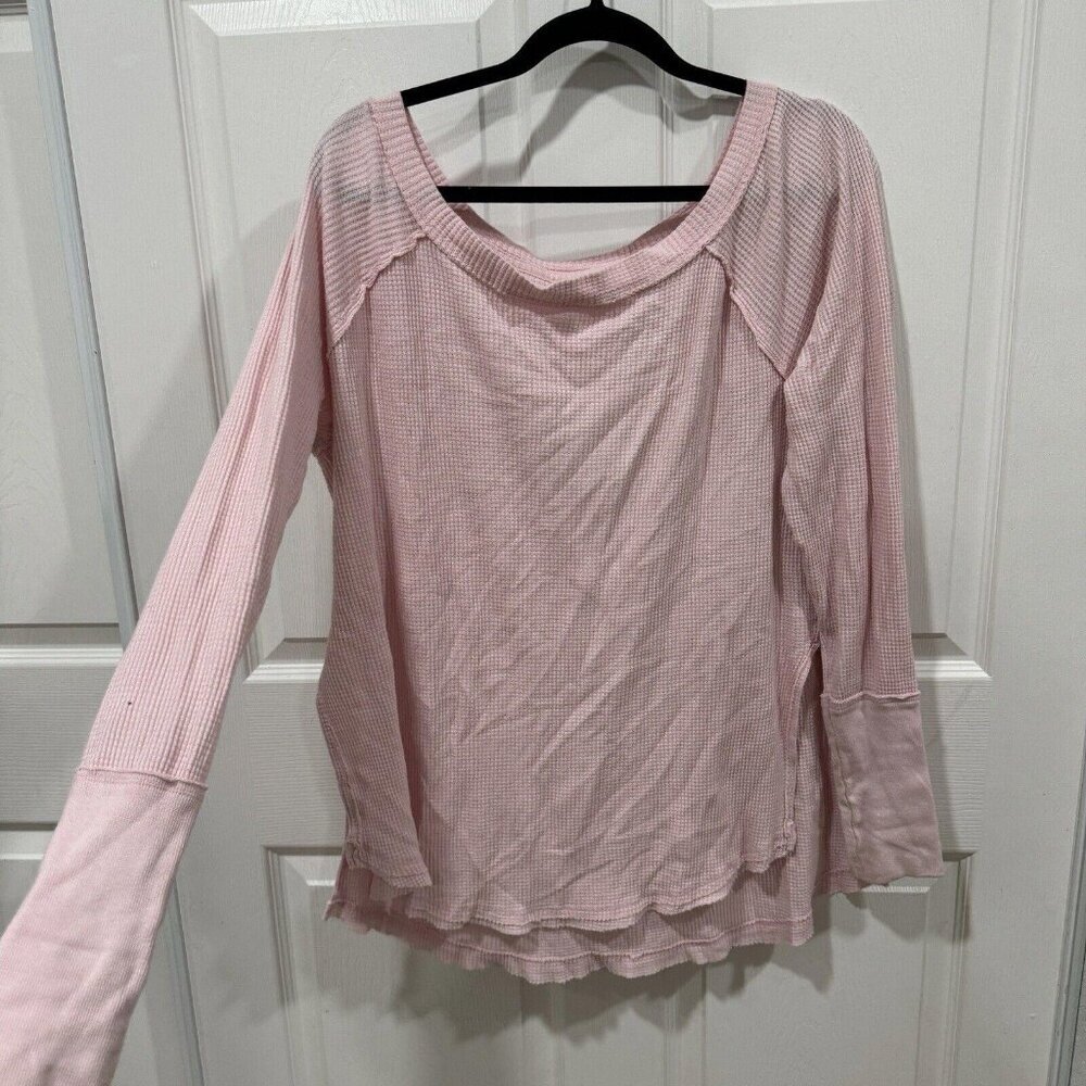 We The Free Shirt Womens S Pink‎  Waffle Boxy Boho Peasant Thermal Off Shoulder